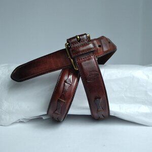 Fossil Brown Leather Belt  with Raised  Weave Design & Brass Buckle 47.5"